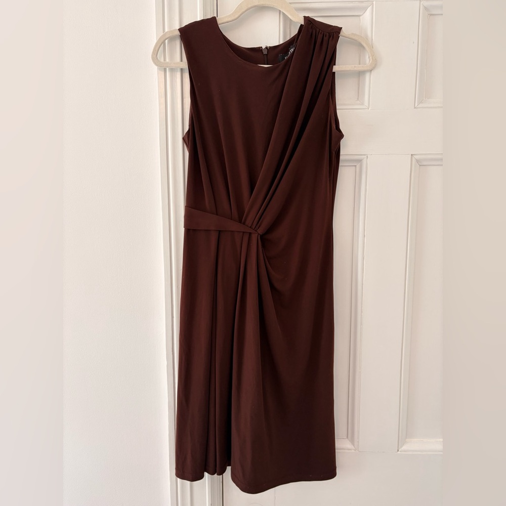 Ellen Tracy Burgundy Draped Sheath Dress Sleeveless Side Pleat Small Petite